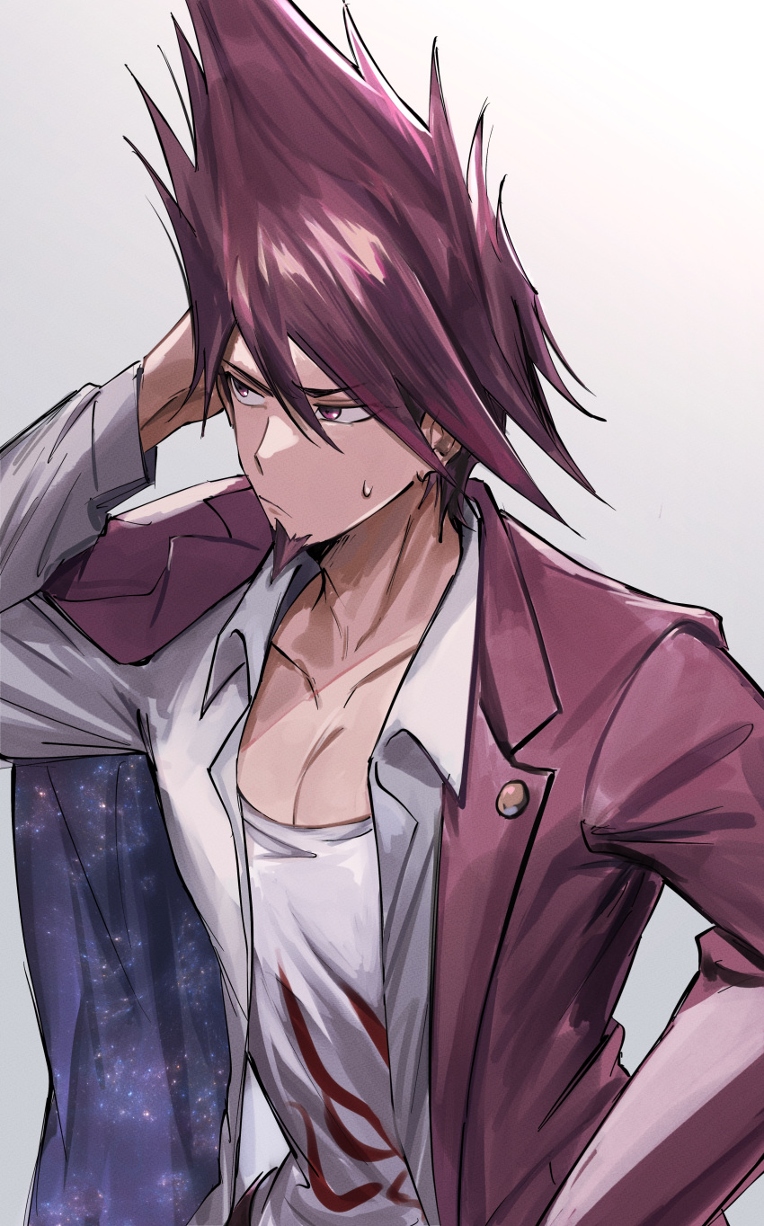 1boy absurdres bojue_(hakus_1128) collarbone danganronpa_(series) danganronpa_v3:_killing_harmony facial_hair frown goatee grey_background grey_shirt hand_in_own_hair highres jacket long_hair long_sleeves male_focus momota_kaito open_clothes open_jacket open_shirt pink_jacket print_shirt shirt simple_background solo spiky_hair sweatdrop upper_body white_shirt