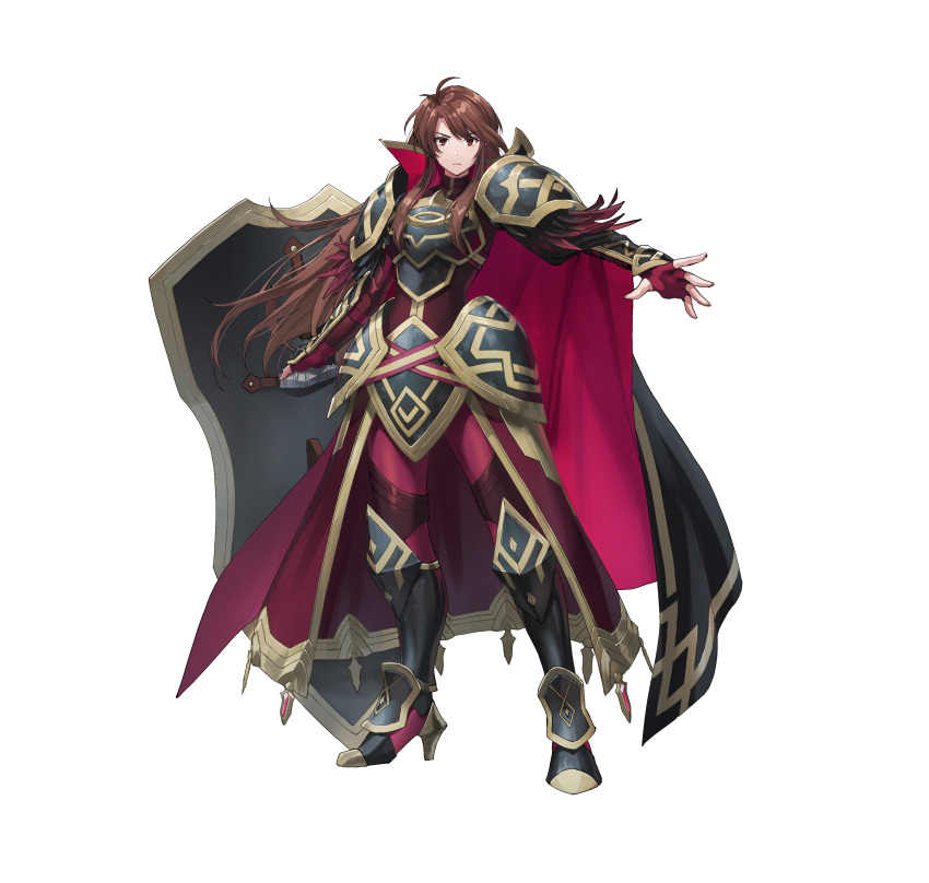 1girl absurdres ahoge alternate_costume arm_guards armor armored_boots armored_dress boots breastplate brown_eyes brown_hair cape closed_mouth commentary_request dai-xt faulds feather_trim fingerless_gloves fire_emblem fire_emblem:_mystery_of_the_emblem fire_emblem_heroes gloves gold_trim high_heels highres holding holding_shield leggings long_hair long_sleeves looking_at_viewer official_alternate_costume official_art serious sheena_(fire_emblem) shield shoulder_armor simple_background solo standing turtleneck white_background