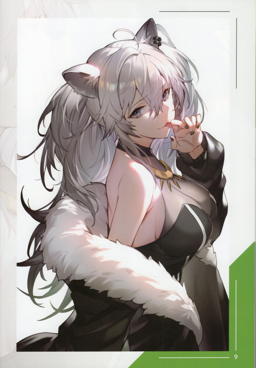 1girl absurdres ahoge animal_ears bare_shoulders black_nails breasts earrings fingernails from_side fur_trim grey_eyes grey_hair hand_up highres hololive jacket jewelry kakage licking long_hair long_sleeves looking_at_viewer medium_breasts nail_polish off_shoulder open_clothes open_jacket page_number scan shishiro_botan simple_background smile tongue tongue_out twintails upper_body virtual_youtuber