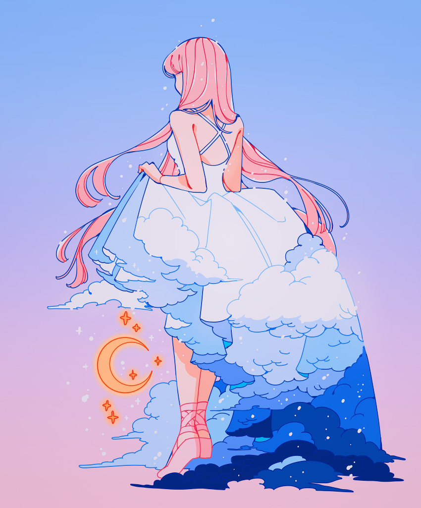 1girl absurdres blue_background crescent dress from_behind full_body gradient_background highres holding holding_clothes holding_dress long_hair meyoco original pink_background pink_footwear pink_hair print_dress shoes sleeveless sleeveless_dress solo standing white_dress