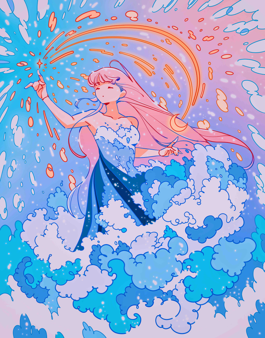 1girl absurdres bare_shoulders blue_dress closed_eyes cloud_print crescent_moon dress gradient_background hand_up highres long_hair meyoco moon no_nose original pink_hair print_dress solo upper_body very_long_hair