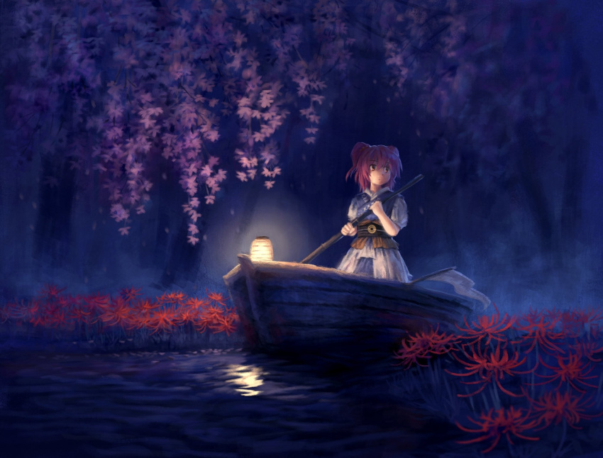 1girl blue_dress boat coin commentary_request dress flower full_body hair_bobbles hair_ornament highres lantern looking_at_viewer obi onozuka_komachi outdoors red_eyes red_flower redhead sash satellitedragon short_hair solo spider_lily touhou two_side_up watercraft