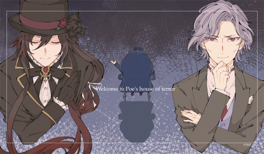 3boys armchair black_background black_bow black_bowtie black_gloves black_headwear black_jacket blue_background boater_hat bow bowing bowtie brooch bungou_to_alchemist chair closed_eyes closed_mouth conan_doyle_(bungou_to_alchemist) cropped_torso dress_shirt edgar_allan_poe_(bungou_to_alchemist) english_text facing_away facing_viewer flower framed frilled_shirt_collar frilled_sleeves frills gloves gomashio_(user_xenc4437) gradient_hair grey_hair grey_jacket grey_vest h._p._lovecraft_(bungou_to_alchemist) hair_between_eyes hand_on_own_arm hand_on_own_chest hand_on_own_chin hat hat_flower highres jacket jewelry lapels long_hair long_sleeves looking_at_viewer low-tied_long_hair male_focus mature_male multicolored_hair multiple_boys necktie notched_lapels parted_bangs pocket_square red_eyes red_flower red_necktie red_rose redhead rose shirt short_hair sitting sleeve_cuffs smile two-tone_background vest white_shirt wrinkled_skin
