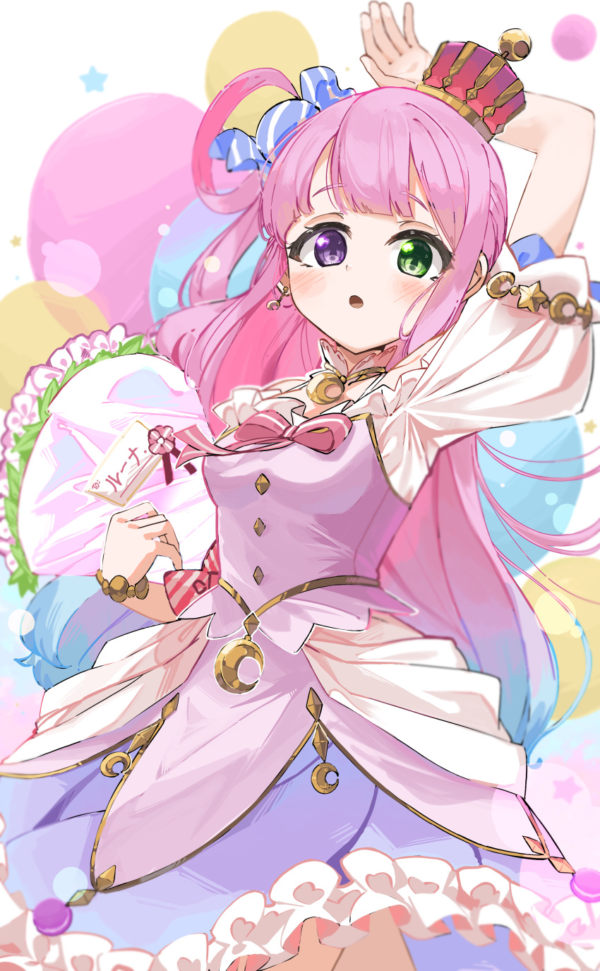 1girl absurdres arm_up blush bouquet candy_hair_ornament crescent crescent_earrings dress earrings food-themed_hair_ornament green_eyes hair_ornament heterochromia highres himemori_luna himemori_luna_(1st_costume) holding holding_bouquet hololive jewelry long_hair looking_at_viewer melerdon open_mouth pink_dress pink_hair sidelocks solo violet_eyes virtual_youtuber