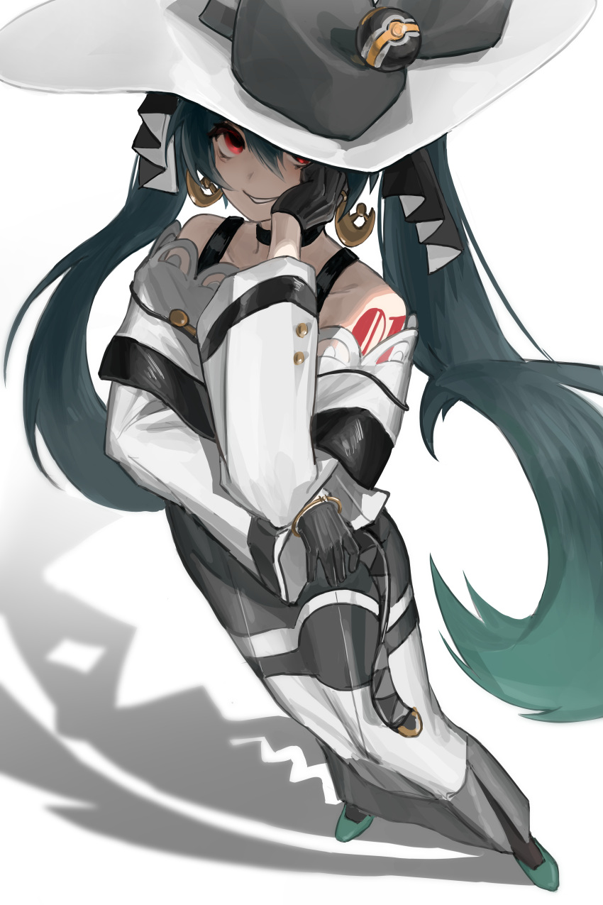 1girl absurdres bare_shoulders black_bow black_choker black_gloves bow choker dark_green_hair dark_miku_(project_voltage) different_shadow earrings evil_grin evil_smile gloves green_footwear grin hat hat_bow hatsune_miku highres jewelry long_hair long_skirt long_sleeves looking_at_viewer luxury_ball obstagoon oneselt poke_ball pokemon project_voltage red_eyes simple_background skirt smile twintails uneven_twintails very_long_hair vocaloid white_background