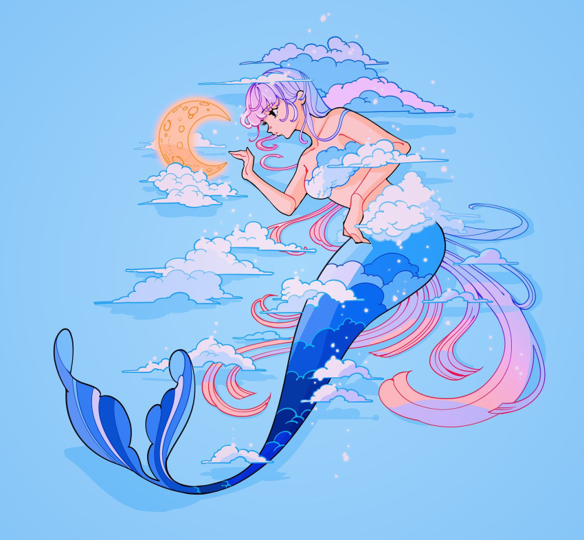 1girl blue_background blue_theme breasts clouds commentary crater crescent_moon english_commentary gradient_hair highres long_hair medium_breasts mermaid meyoco midriff monster_girl moon multicolored_hair original pink_hair profile shadow simple_background solo very_long_hair