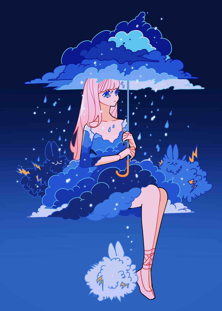 1girl absurdres black_background blue_background blue_dress blue_eyes blue_theme cloud_clothes commentary dress english_commentary gradient_background highres holding holding_umbrella invisible_chair lightning long_hair meyoco original pink_hair rain sitting solo umbrella