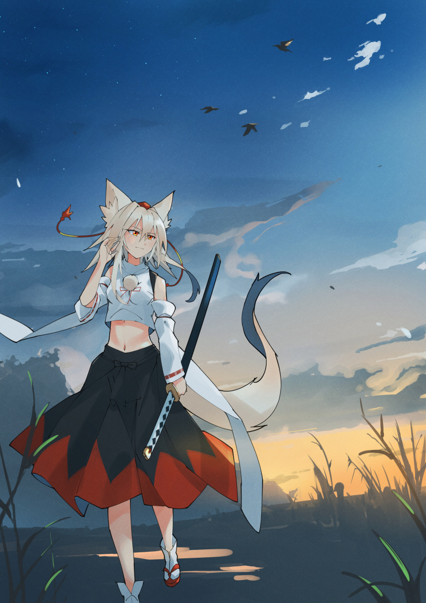 1girl absurdres animal_ears bare_shoulders black_skirt clouds detached_sleeves grass hand_up hat highres holding holding_sword holding_weapon inubashiri_momiji kakaricho_dairi looking_to_the_side multicolored_clothes multicolored_skirt navel pom_pom_(clothes) red_eyes red_skirt ribbon sandals shirt short_hair skirt sleeveless sleeveless_shirt socks solo sunset sword tail tokin_hat touhou turtleneck walking weapon white_hair white_ribbon white_shirt white_socks wolf_ears wolf_tail