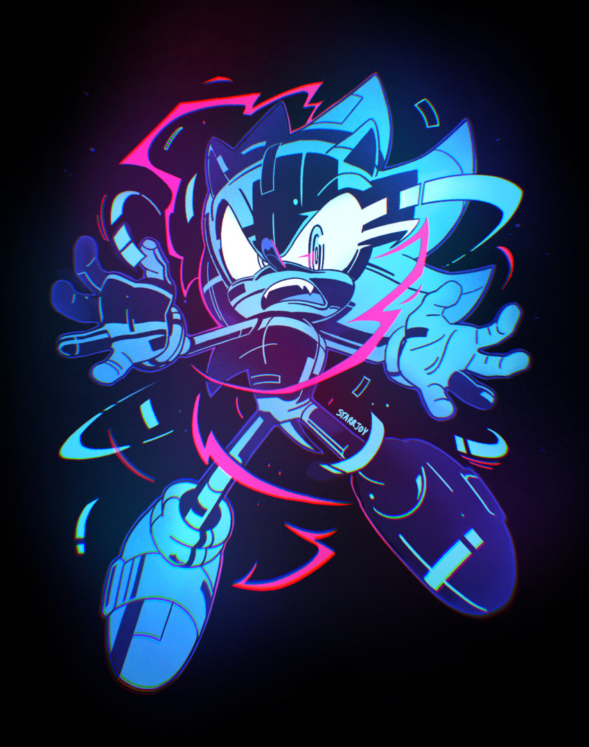 1boy artist_name black_background blue_eyes commentary electricity energy english_commentary fang full_body furry furry_male highres looking_at_viewer male_focus open_mouth shoes simple_background solo sonic_(series) sonic_frontiers sonic_the_hedgehog spoilers starrjoy super_sonic_cyber teeth tongue upper_teeth_only v-shaped_eyebrows