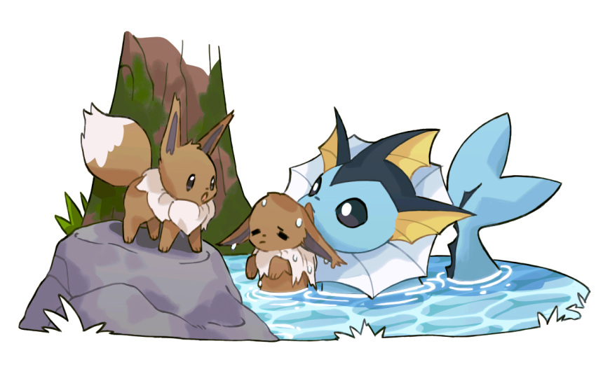 :o black_eyes bright_pupils brown_eyes carrying closed_eyes closed_mouth commentary eevee english_commentary grass in_water mjoyart moss mouth_hold no_humans open_mouth pokemon pokemon_(creature) rescue rock simple_background surprised swimming tree vaporeon water wet white_background white_pupils