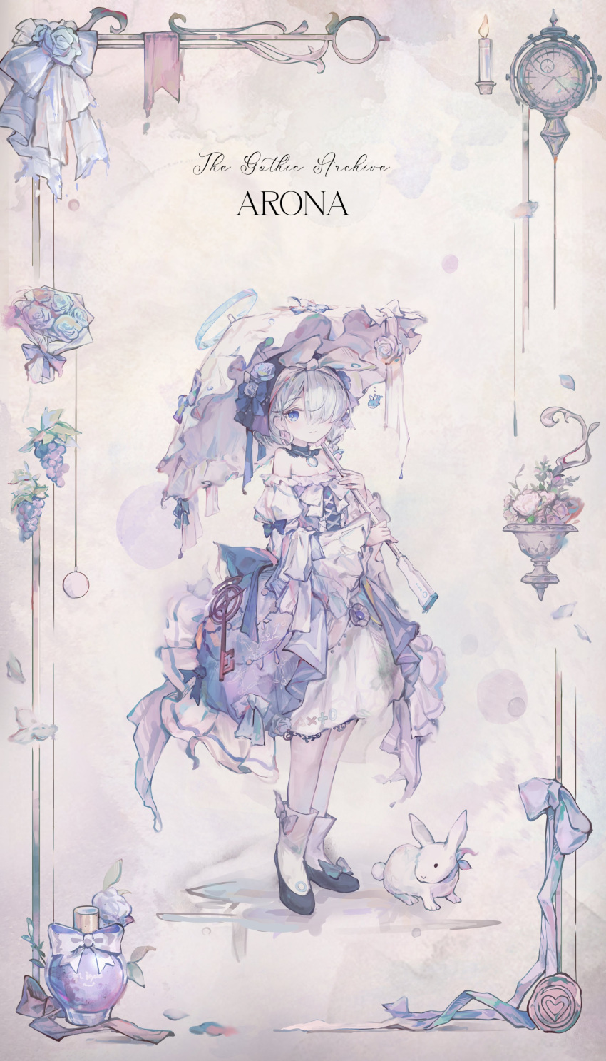 1girl absurdres animal arona_(blue_archive) black_footwear blue_archive blue_eyes blue_hair closed_mouth dress full_body hair_over_one_eye highres holding holding_umbrella long_sleeves negirate rabbit shoes short_hair smile socks solo umbrella white_dress white_socks wide_sleeves