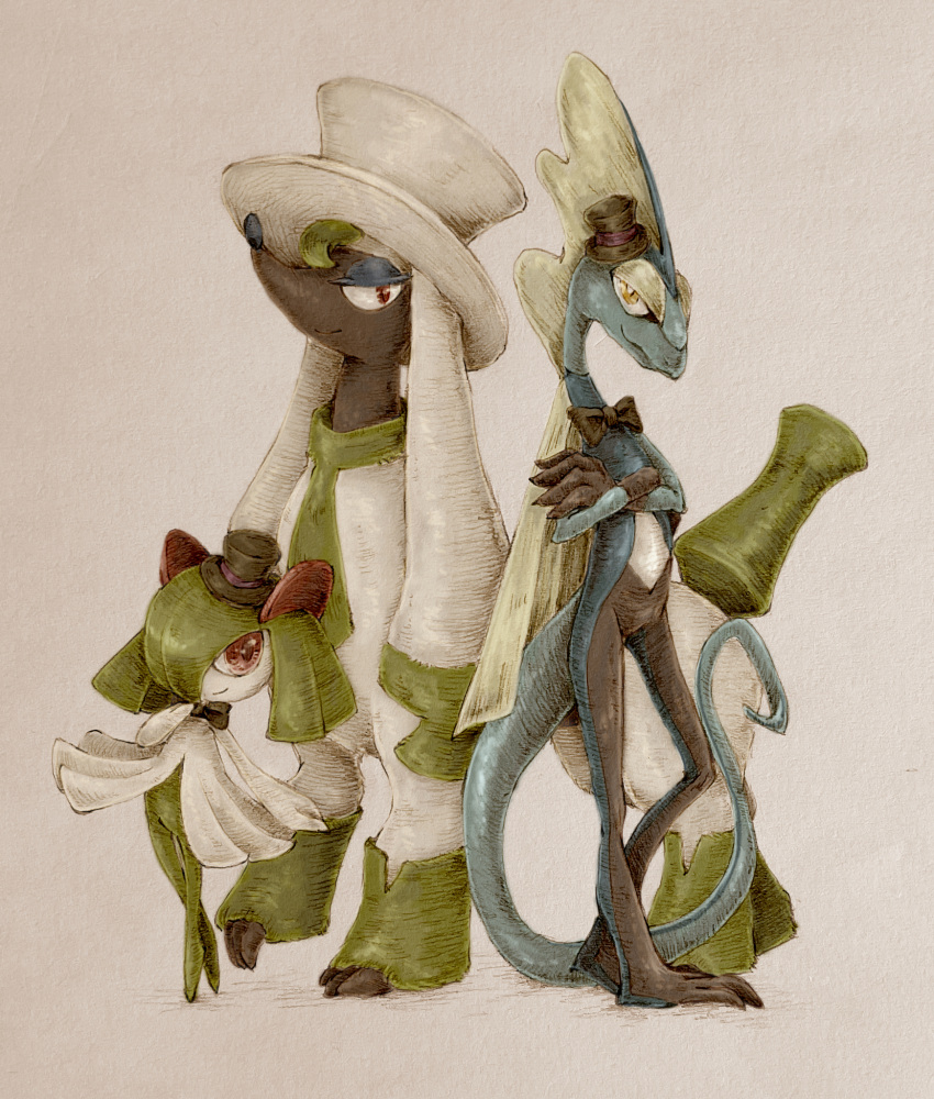 a26g8 black_bow black_bowtie black_hat blue_skin bow bowtie colored_skin crossed_arms furfrou furfrou_(dandy) green_hair green_skin hat highres horns inteleon kirlia multicolored_skin pink_eyes pokemon pokemon_(creature) sidelocks smile two-tone_skin white_fur white_skin yellow_eyes