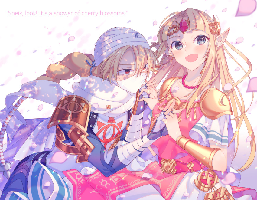 2girls adjusting_scarf armor bandaged_arm bandages blonde_hair blue_eyes border braid cherry_blossoms covered_mouth dress earrings english_text fingerless_gloves gloves gold_trim hand_on_another's_hand jewelry long_hair miri_(cherryjelly) multicolored_clothes multicolored_dress multiple_girls necklace open_mouth pink_dress pointy_ears princess_zelda red_eyes scarf sheik sheikah short_sleeves super_smash_bros. surcoat the_legend_of_zelda tiara triforce_earrings upper_body white_border white_dress white_headwear
