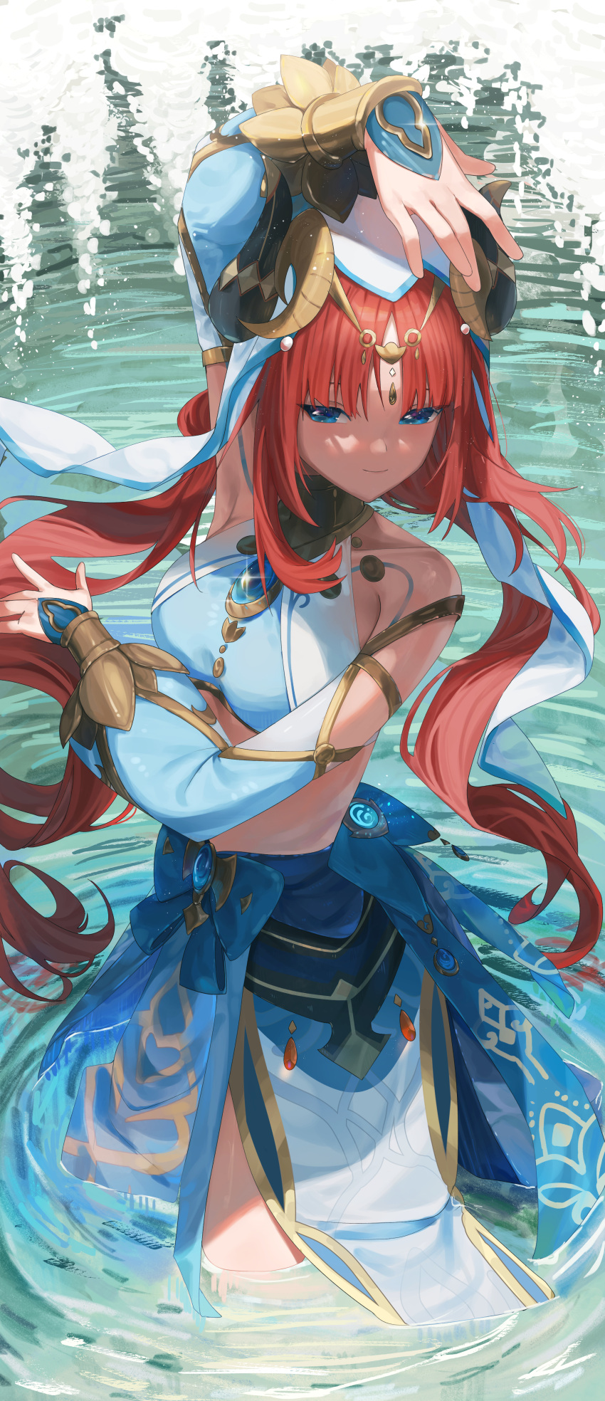 1girl absurdres aqua_eyes blue_gemstone blue_skirt breasts dancer detached_sleeves fake_horns gem genshin_impact harem_outfit highres horns jewelry long_hair long_sleeves luunarts medium_breasts neck_ring nilou_(genshin_impact) redhead sidelocks skirt smile solo stomach twintails