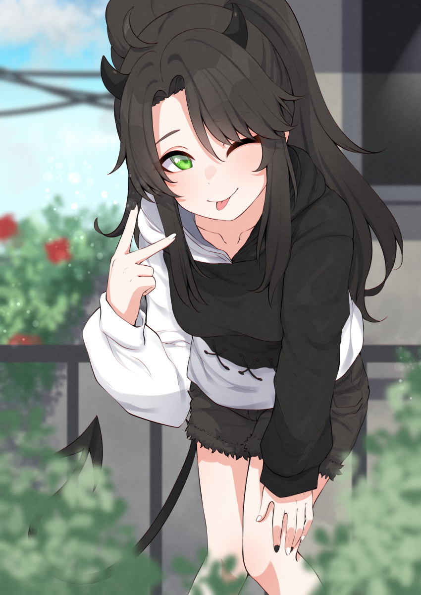 1girl ;p absurdres ahoge black_hair black_nails black_shorts blurry blurry_foreground bush collarbone commission demon_girl demon_horns demon_tail green_eyes hand_on_own_thigh highres horns indie_virtual_youtuber leaning_forward long_hair one_eye_closed ponytail shorts tail tongue tongue_out two-tone_nails two-tone_sweater unethical_(vtuber) v valefal_coneri white_nails