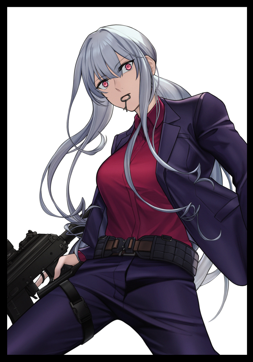 ak-12 ak-12_(girls'_frontline) ak-12_(lucia)_(girls'_frontline) assault_rifle breasts chinese_commentary commentary_request cowboy_shot from_below girls_frontline grenade_pin grenade_pin_in_mouth grey_hair gun hair_between_eyes highres holding holding_weapon jacket kalashnikov_rifle la13 large_breasts long_hair open_clothes open_jacket pants ponytail purple_jacket purple_pants red_shirt rifle shirt shirt_tucked_in violet_eyes weapon