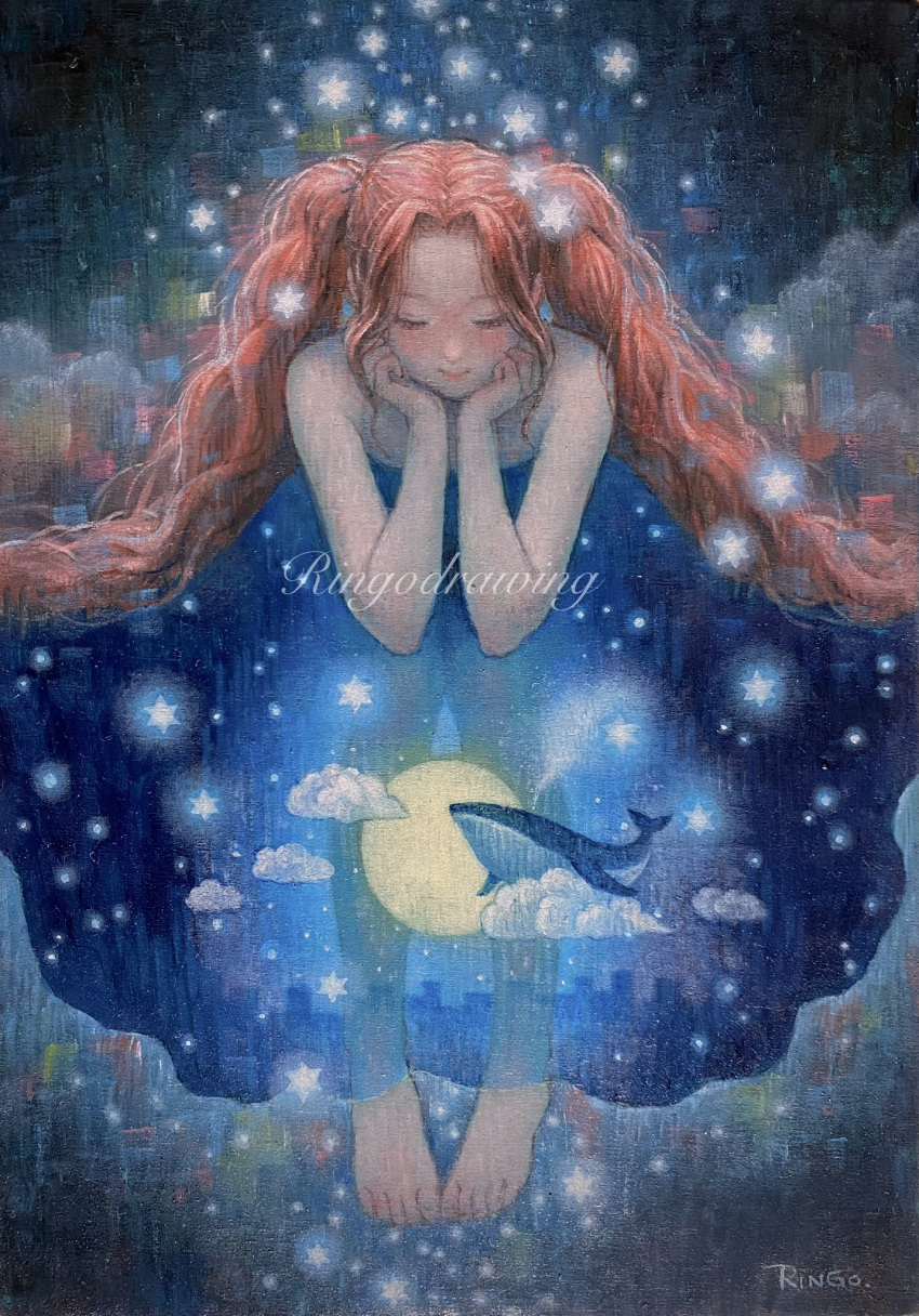1girl bare_shoulders barefoot blue_dress closed_eyes commentary_request dress flying_whale full_body full_moon hair_ornament head_rest highres long_hair moon oil_painting_(medium) orange_hair original painting_(medium) ringodrawing see-through see-through_dress sitting smile solo star_(symbol) star_hair_ornament strapless strapless_dress surreal traditional_media twintails very_long_hair whale
