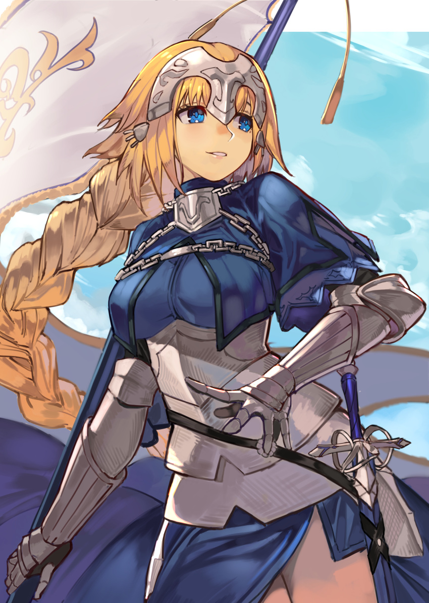 1girl absurdres alwaysregg armor armored_dress blonde_hair blue_capelet blue_dress blue_eyes blue_sky braid braided_ponytail capelet chain commentary_request dress fate/apocrypha fate/grand_order fate_(series) flag floating_hair gauntlets grin headpiece highres holding holding_flag holding_polearm holding_weapon jeanne_d'arc_(fate) jeanne_d'arc_(ruler)_(fate) long_hair looking_to_the_side pelvic_curtain plackart polearm sky smile solo very_long_hair weapon white_flag