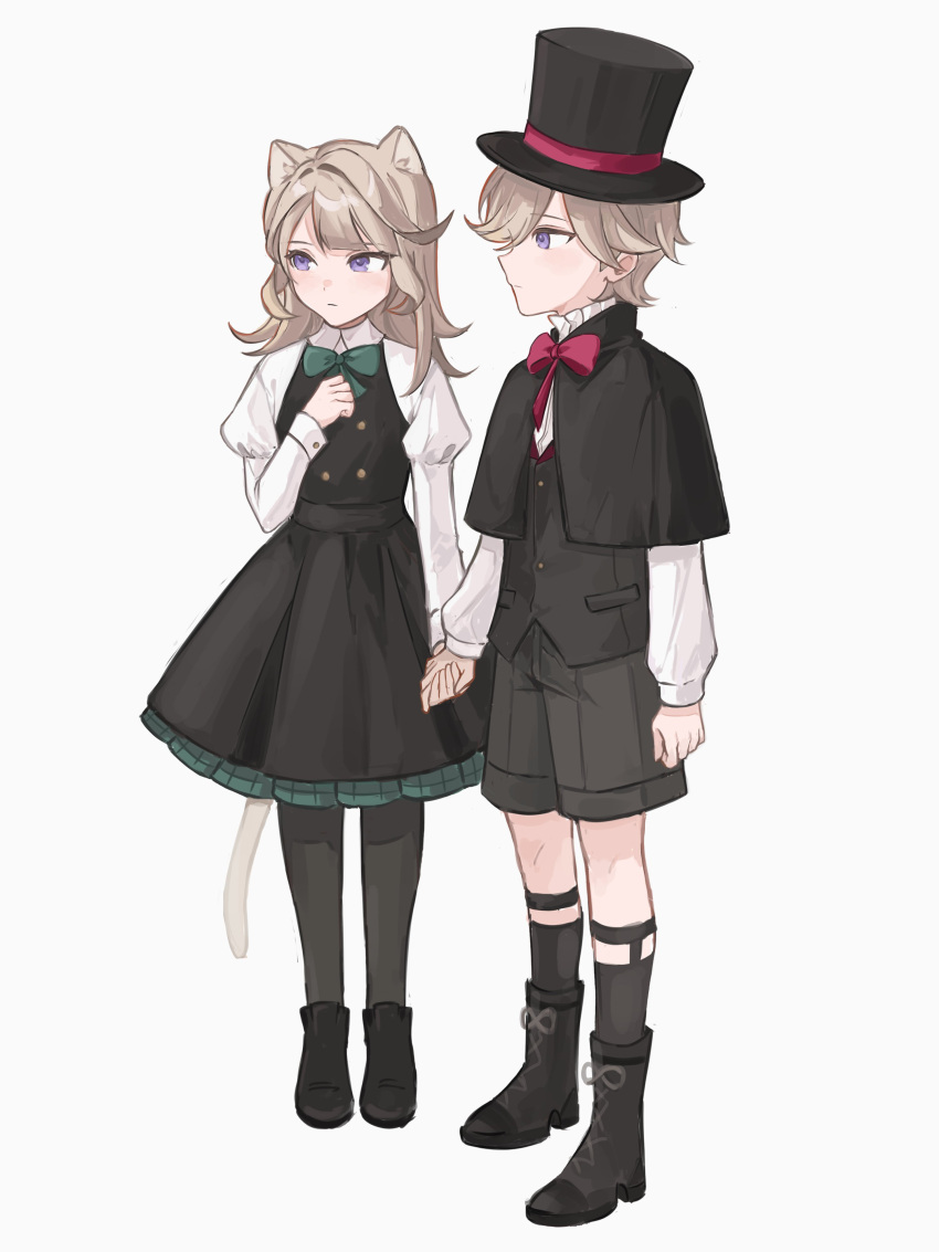 1boy 1girl absurdres aged_down animal_ears black_capelet black_dress black_footwear black_headwear black_pantyhose black_shorts black_socks black_vest blonde_hair blush boots bow bowtie brother_and_sister buttons capelet cat_ears cat_girl cat_tail closed_mouth collared_dress dress expressionless eyelashes frilled_shirt frills full_body genshin_impact green_bow green_bowtie hair_intakes hat highres holding_hands juliet_sleeves long_hair long_sleeves lynette_(genshin_impact) lyney_(genshin_impact) mnce_o multicolored_clothes multicolored_dress pantyhose parted_bangs puffy_sleeves red_bow red_bowtie shirt shoes short_hair shorts siblings simple_background socks standing swept_bangs tail top_hat vest violet_eyes white_background white_dress white_shirt