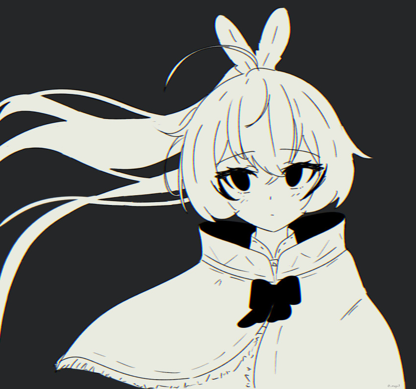 1girl ahoge black_background capelet chromatic_aberration cloak crossed_bangs feather_hair_ornament feathers floating_hair hair_ornament highres hololive hololive_english long_hair looking_to_the_side magui3 monochrome mumei_(hololive) nanashi_mumei nanashi_mumei_(1st_costume) ponytail ribbon shirt very_long_hair virtual_youtuber