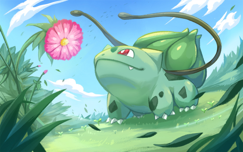 animal_focus blue_sky bright_pupils bulbasaur claws closed_mouth clouds commentary_request flower looking_up no_humans nostrils outdoors pink_flower pokemon pokemon_(creature) red_eyes shinomen sky sprout white_pupils