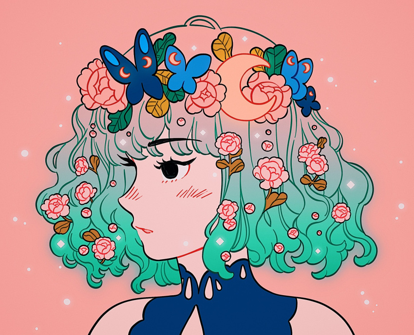 1girl black_eyes blue_butterfly bug butterfly crescent flower gradient_hair green_hair highres leaf meyoco multicolored_hair original parted_lips pink_background pink_flower pink_hair portrait profile simple_background solo