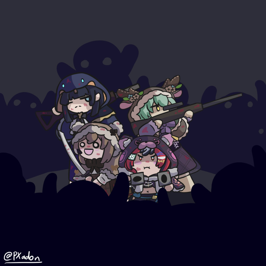 4girls :d animal_ear_fluff animal_ears animal_hood antlers black_bow black_hair blood blood_on_clothes blood_on_face blood_on_weapon blue_eyes bow bowtie brown_bow brown_bowtie brown_hair ceres_fauna chibi crowd deer_ears dual_wielding green_hair gun hakos_baelz highres holding holding_gun holding_sword holding_weapon hololive hololive_english hood katana multicolored_eyes multiple_girls nanashi_mumei ouro_kronii over_shoulder pyra_xadon redhead rifle smile sniper_rifle sword twitter_username weapon weapon_over_shoulder white_eyes x_navel yellow_eyes