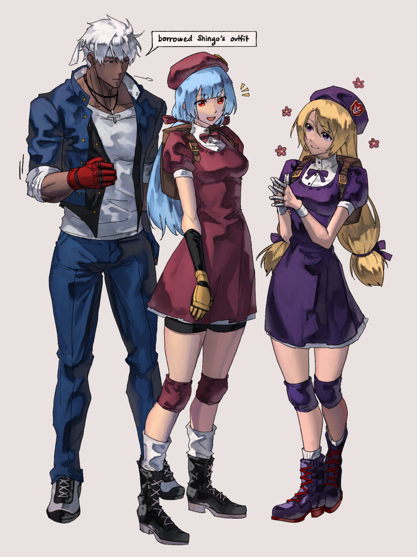 1girl 2girls backpack bag bandaged_fingers bandages beret bike_shorts black_footwear black_shorts blonde_hair blue_hair blue_jacket blue_pants boots bow bowtie brown_bag commentary cosplay dress elbow_gloves full_body gloves grey_background grey_footwear hat highres jacket jewelry k'_(kof) knee_pads kula_diamond light_blue_hair long_hair looking_at_another low_twintails multiple_girls necklace notice_lines own_hands_together pants pink_bow pink_bowtie pink_headwear puffy_short_sleeves puffy_sleeves purple_bow purple_bowtie purple_dress purple_footwear purple_headwear red_eyes red_gloves school_uniform shijou_hinako shirt short_hair short_sleeves shorts sidelocks socks standing syachiiro the_king_of_fighters twintails violet_eyes white_hair white_shirt white_socks wristband yabuki_shingo yabuki_shingo_(cosplay) yellow_gloves