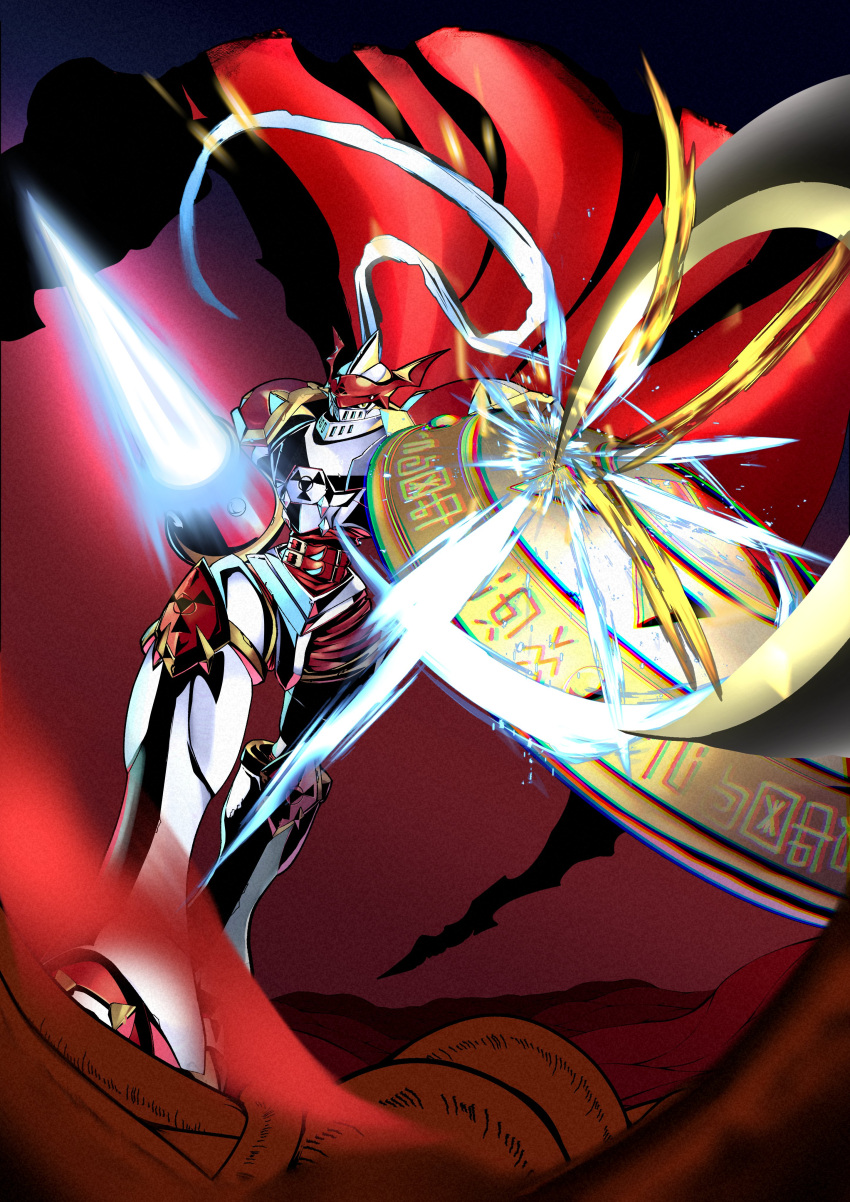 1other absurdres armor cape digimon digimon_(creature) dukemon energy_lance highres holding holding_shield lance no_humans other_focus papipupepopth polearm shield solo weapon