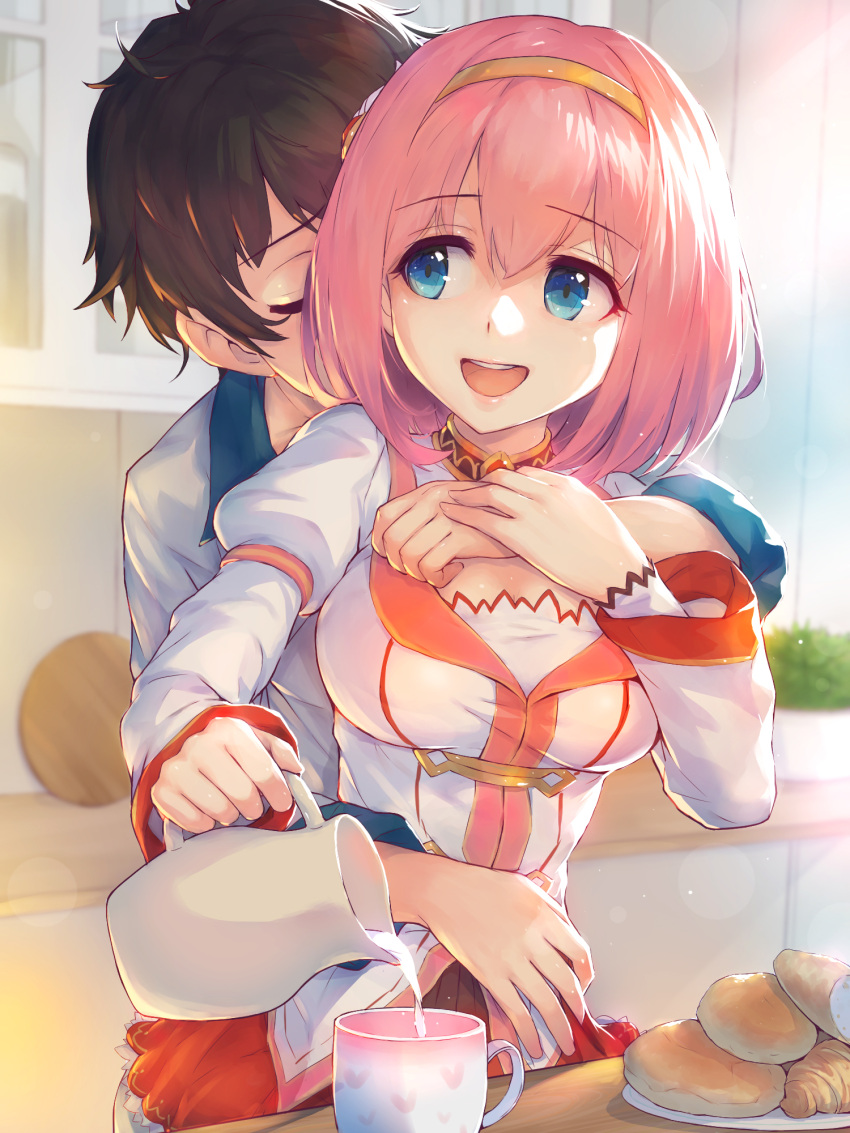 1boy 1girl black_hair blue_eyes bob_cut breasts closed_eyes couple food hairband hetero highres holding holding_jug hug hug_from_behind jug_(bottle) kitchen long_sleeves medium_breasts milk open_mouth pink_hair pouring princess_connect! revision short_hair smile standing upper_body yako_noir_(kei-ne) yui_(princess_connect!) yuuki_(princess_connect!)