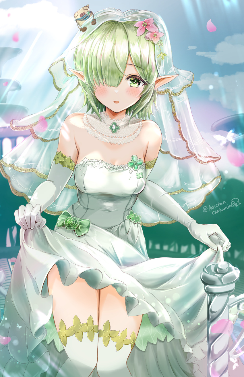 1girl absurdres aoi_(princess_connect!) bare_shoulders blush breasts bridal_veil chokomin clothes_lift commentary_request dress dress_lift elbow_gloves elf gloves green_eyes grey_hair highres medium_breasts pointy_ears princess_connect! short_hair solo thigh-highs veil wedding_dress