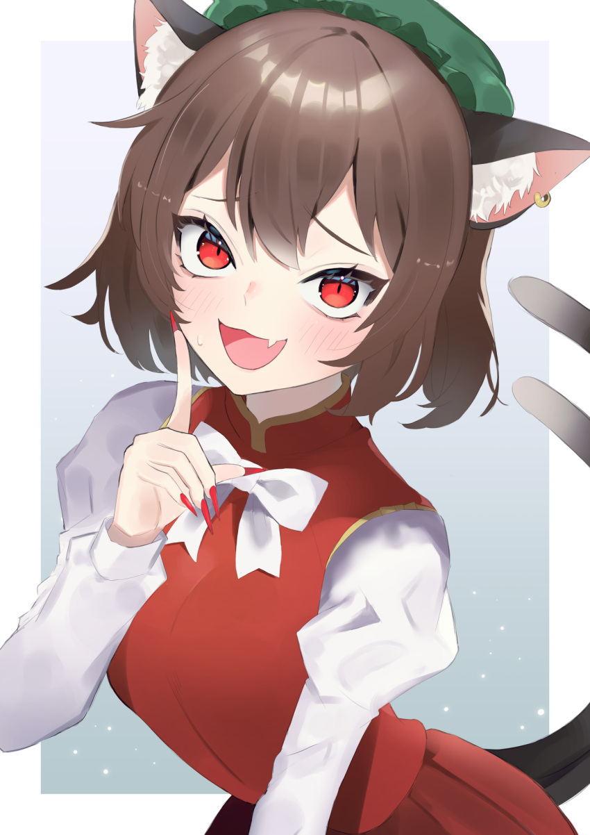 1girl :d animal_ear_fluff animal_ear_piercing animal_ears blush bow bowtie breasts brown_hair cat_ears cat_tail chen commentary_request earrings fang fingernails furrowed_brow gold_trim green_headwear hand_up hat highres jewelry leaning_forward long_fingernails looking_at_viewer makosu_(toilet_mania) mob_cap multiple_tails nail_polish nekomata red_eyes red_nails sharp_fingernails simple_background single_earring skin_fang slit_pupils small_breasts smile solo tail touhou two_tails white_background white_bow white_bowtie