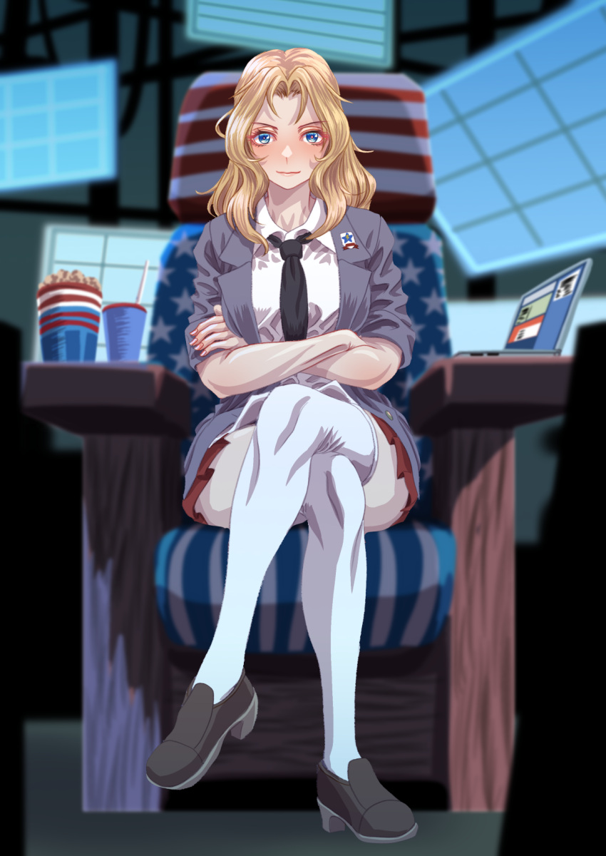 1girl armchair black_footwear black_necktie blazer blonde_hair blue_eyes blurry blurry_background chair closed_mouth commentary computer crossed_arms crossed_legs cup depth_of_field disposable_cup dress_shirt emblem girls_und_panzer grey_jacket highres indoors jacket kay_(girls_und_panzer) laptop loafers long_sleeves looking_at_viewer medium_hair miniskirt necktie on_chair open_clothes open_jacket pleated_skirt red_skirt saunders_(emblem) saunders_school_uniform school_uniform shirt shoes sitting skirt sleeves_rolled_up smile solo thigh-highs tigern_(tigern28502735) white_shirt white_thighhighs wing_collar