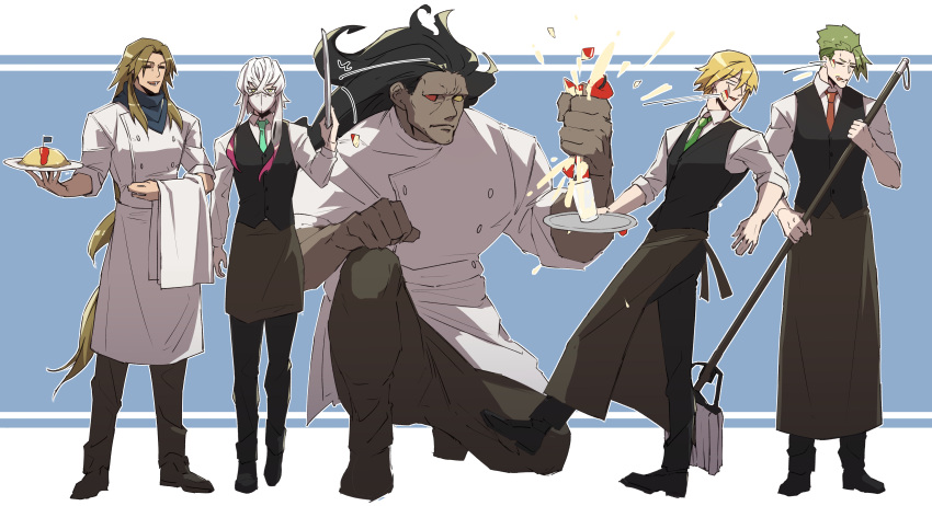 5boys absurdres achilles_(fate) apple apron asclepius_(fate) black_apron black_pants black_vest blonde_hair brown_hair brown_pants chef chiron_(fate) closed_eyes closed_mouth colored_skin crushing fate/grand_order fate_(series) food frown fruit full_body green_hair grey_hair grey_skin haruakira heracles_(fate) heterochromia highres holding holding_food holding_mop holding_plate holding_tray horse_tail jason_(fate) long_hair male_focus mask mature_male mop multiple_boys muscular muscular_male necktie omelet open_mouth pants plate red_apple red_eyes red_necktie shirt standing tail tray undercut very_long_hair vest white_shirt yellow_eyes