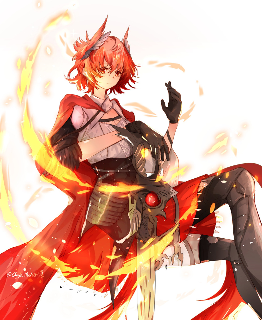 1girl absurdres arknights arya_melati black_gloves black_thighhighs closed_mouth commentary fiammetta_(arknights) fire gloves hair_between_eyes hand_up highres long_sleeves looking_at_viewer pyrokinesis red_eyes red_skirt redhead shirt short_hair simple_background skirt solo thigh-highs twitter_username watermark weapon white_background white_shirt