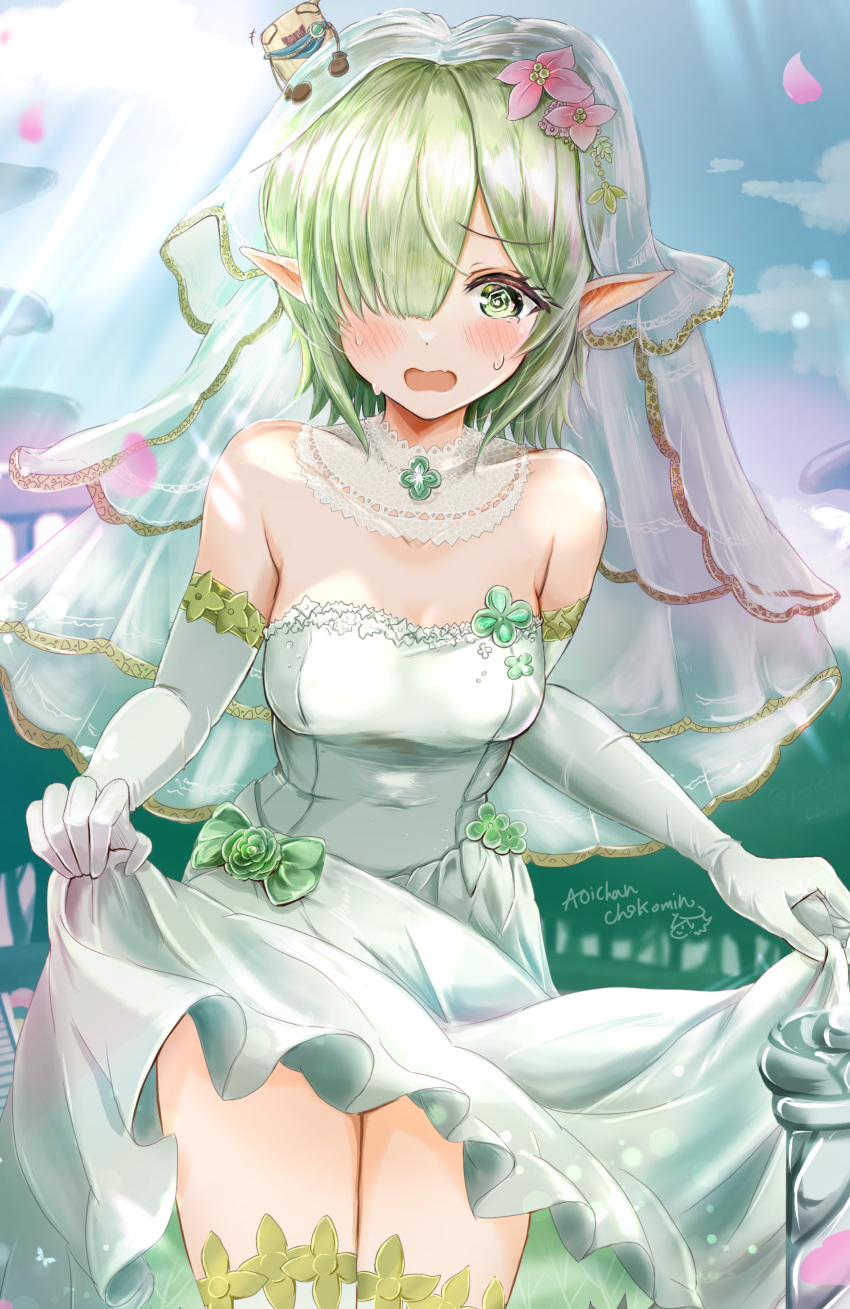 1girl absurdres aoi_(princess_connect!) bare_shoulders blush breasts bridal_veil chokomin clothes_lift commentary_request dress dress_lift elbow_gloves elf gloves green_eyes grey_hair highres medium_breasts pointy_ears princess_connect! short_hair solo sweatdrop thigh-highs veil wedding_dress