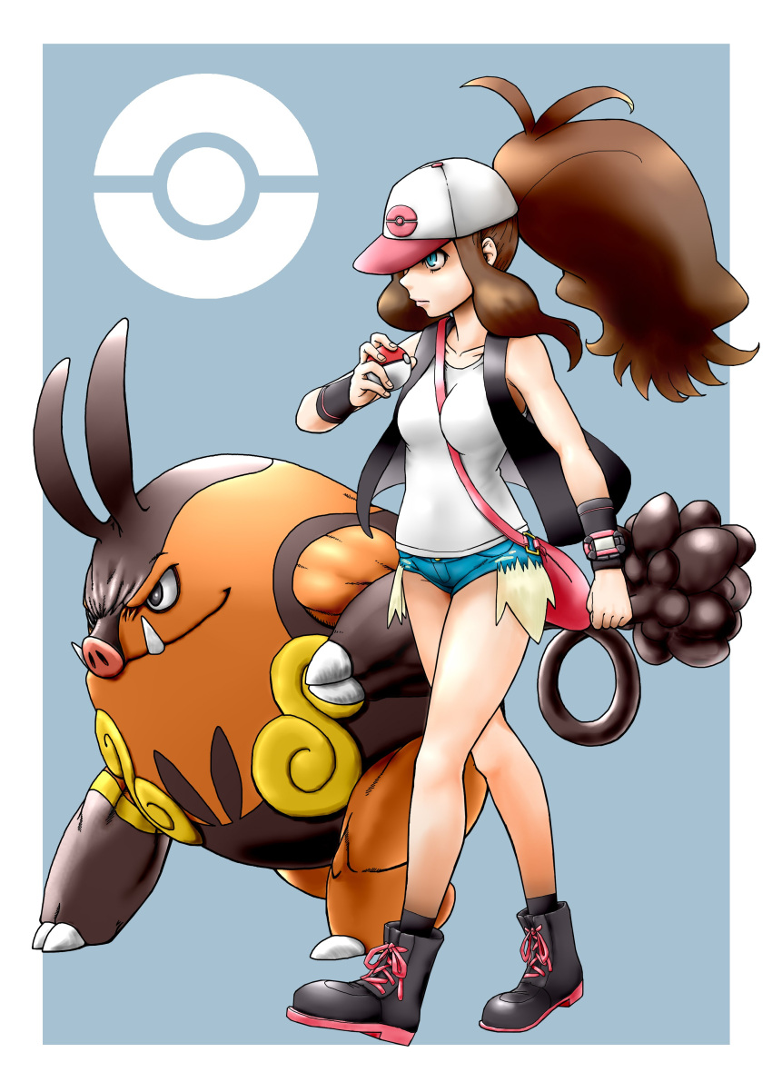 1girl absurdres baseball_cap blue_eyes boots breasts brown_hair character_request closed_mouth commentary_request denim denim_shorts full_body hat high_ponytail highres hilda_(pokemon) long_hair nabe_puyo pokemon pokemon_(creature) pokemon_(game) pokemon_bw pokemon_masters_ex ponytail shirt short_shorts shorts sidelocks vest white_shirt wristband