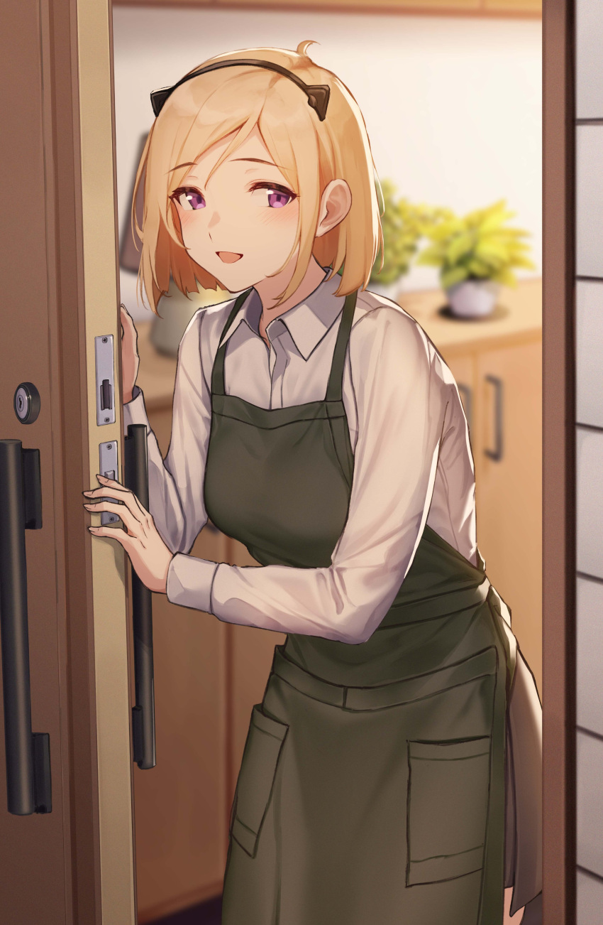 1girl 3_small_spiders :d absurdres animal_ears apron blonde_hair blush breasts cat_ears collarbone commission cowboy_shot door fake_animal_ears girls_frontline green_apron hairband hands_up highres indoors long_sleeves looking_at_viewer m3_(girls'_frontline) medium_breasts medium_hair open_mouth opening_door plant potted_plant shirt skeb_commission smile solo violet_eyes white_shirt