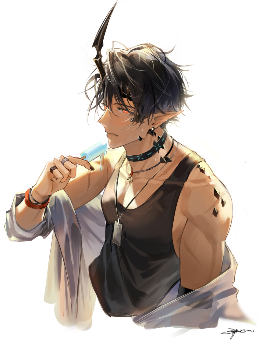 1boy absurdres arknights arm_up black_hair black_tank_top chinese_commentary commentary_request cropped_torso demon_boy demon_horns dog_tags flamebringer_(arknights) flamebringer_(casual_vacation)_(arknights) food highres holding holding_food holding_popsicle horns infection_monitor_(arknights) jacket jewelry looking_at_viewer male_focus messy_hair multiple_bracelets multiple_necklaces multiple_rings necklace off_shoulder oripathy_lesion_(arknights) pointy_ears popsicle red_eyes ring sanse_(sssei_33) scar signature simple_background single_horn solo tank_top toned toned_male upper_body white_background white_jacket