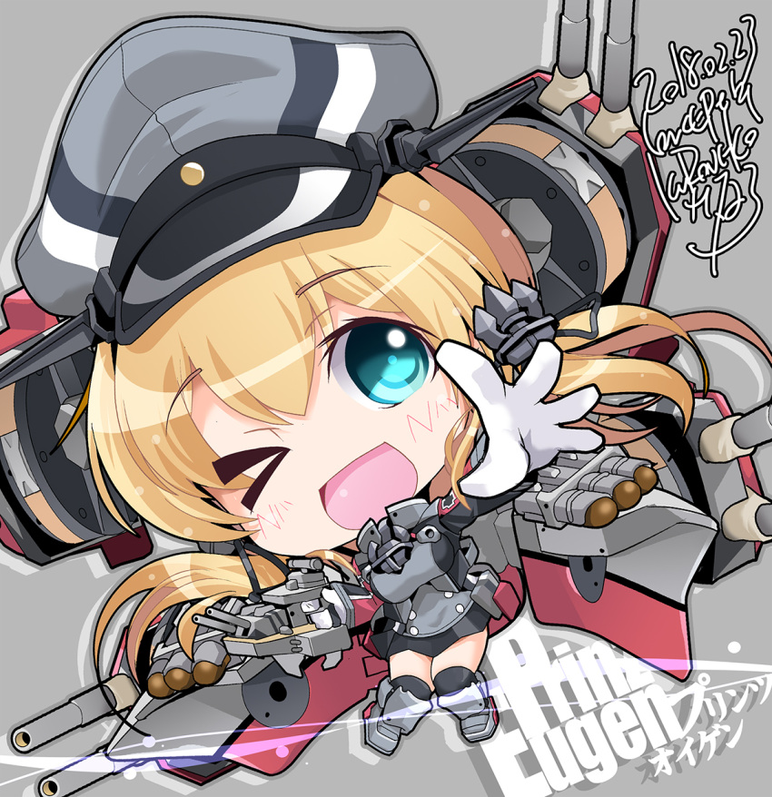 1girl anchor_hair_ornament aqua_eyes black_skirt black_thighhighs blonde_hair cannon character_name chibi gloves hair_ornament hat highres kantai_collection kuroneko_(kuroneko_works) long_hair long_sleeves low_twintails microskirt military military_hat military_uniform one_eye_closed open_mouth peaked_cap pleated_skirt prinz_eugen_(kancolle) skirt solo thigh-highs torpedo turret twintails uniform white_gloves