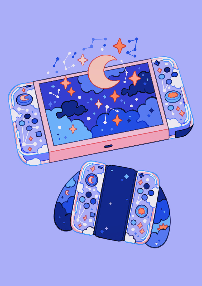 absurdres blue_background cloud_print clouds cloudy_sky constellation controller crescent_moon handheld_game_console highres joy-con meyoco moon nintendo_switch no_humans original simple_background sky star_(sky)