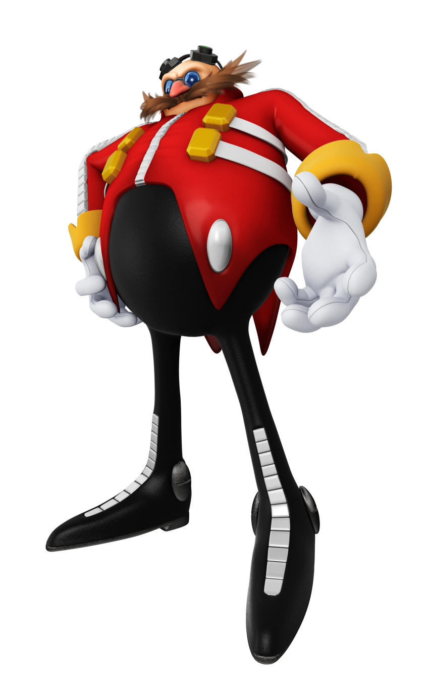 1boy absurdres bald black_pants dr._eggman facial_hair glasses gloves goggles hand_on_own_hip highres long_sleeves male_focus mustache official_art pants red_nose red_shirt shirt simple_background solo sonic_(series) sonic_the_hedgehog_4 standing third-party_source transparent_background white_gloves