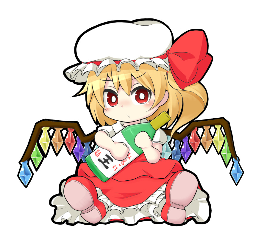 1girl aru_(aru-dokuo) blonde_hair bottle bow chibi closed_mouth crystal flandre_scarlet full_body glass_bottle hat hat_bow hat_ribbon highres holding holding_bottle looking_at_viewer mob_cap multicolored_wings one_side_up pout puffy_short_sleeves puffy_sleeves red_bow red_eyes red_footwear red_ribbon red_skirt red_vest ribbon sake_bottle shirt shoe_soles short_sleeves simple_background skirt skirt_set socks solo touhou vest white_background white_headwear white_shirt white_socks wings