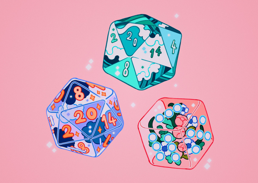 absurdres clouds cube dice flower highres icosahedron meyoco no_humans original pink_background pink_flower simple_background sparkle wave_print waves white_flower