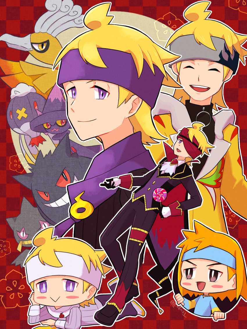 5boys :&gt; alternate_color banette blonde_hair blush_stickers candy checkered_background chibi closed_eyes commentary_request drifblim food gengar highres ho-oh holding holding_candy holding_food holding_lollipop lollipop male_focus mismagius morty_(fall_2021)_(pokemon) morty_(pokemon) morty_(sygna_suit)_(pokemon) multiple_boys multiple_persona official_alternate_costume one_eye_covered pokemon pokemon_(creature) pokemon_(game) pokemon_gsc pokemon_hgss pokemon_masters_ex scarf shiny_pokemon smile tsugomori_(sprn303) violet_eyes