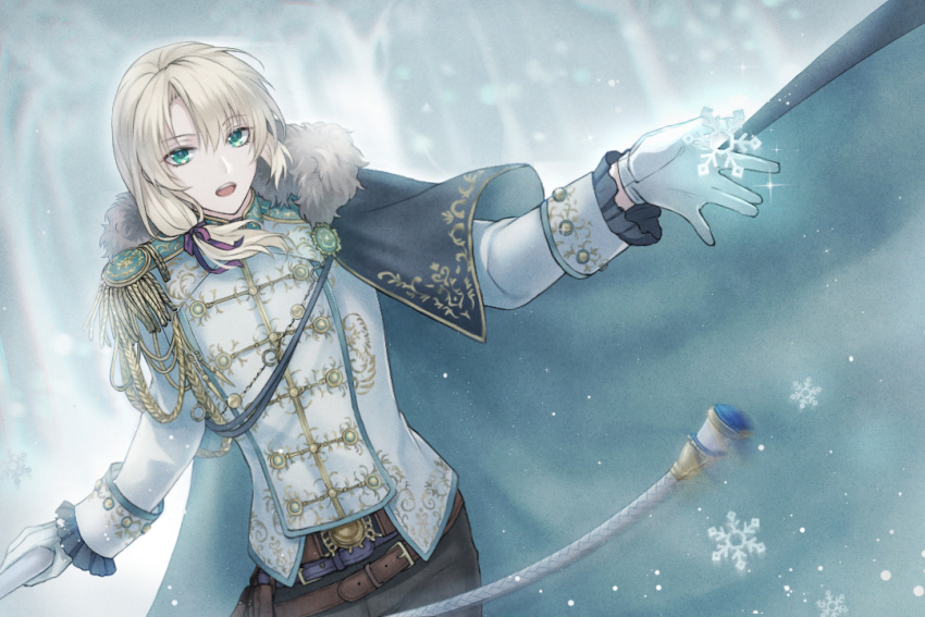 1boy aqua_cape belt belt_buckle black_pants blonde_hair blurry blurry_background brown_belt buckle bungou_to_alchemist buttons cape cowboy_shot curtained_hair double-breasted epaulettes frilled_sleeves frills fur-trimmed_cape fur_trim gem gloves green_eyes green_gemstone hair_between_eyes hair_over_shoulder hair_ribbon holding jacket lev_tolstoy_(bungou_to_alchemist) low_ponytail male_focus medium_hair multiple_belts open_mouth outstretched_hand pants purple_belt purple_ribbon ribbon shoulder_cape sleeve_cuffs snowflakes snowing solo teeth upper_teeth_only user_mhst3483 white_gloves white_jacket
