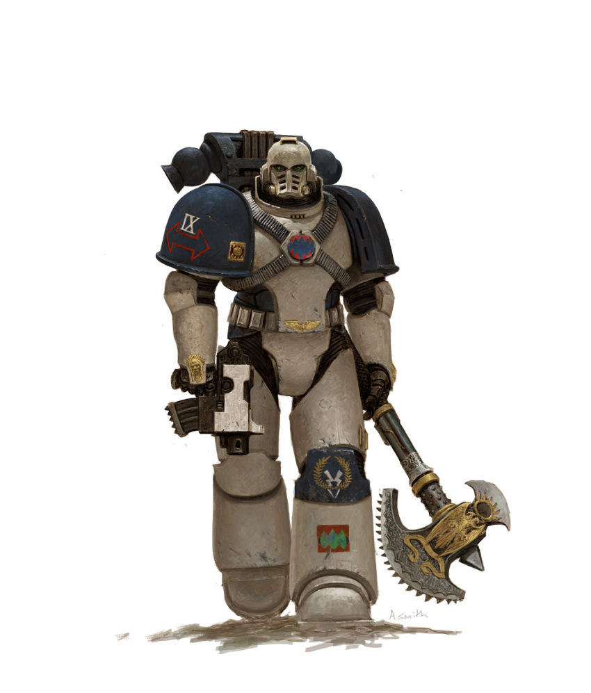 1boy adeptus_astartes adrian-smith armor armored_boots axe boots full_armor full_body gauntlets greaves helmet highres holding holding_axe holding_bolter imperial_aquila lightning_bolt_symbol looking_at_viewer male_focus ornate_weapon pauldrons power_armor roman_numeral shoulder_armor signature single_pauldron vambraces warhammer_40k white_background