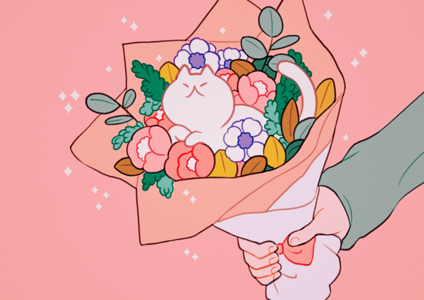 absurdres animal bouquet cat closed_eyes flower highres holding holding_bouquet leaf long_sleeves meyoco no_humans original pink_background pink_flower simple_background sparkle white_cat white_flower