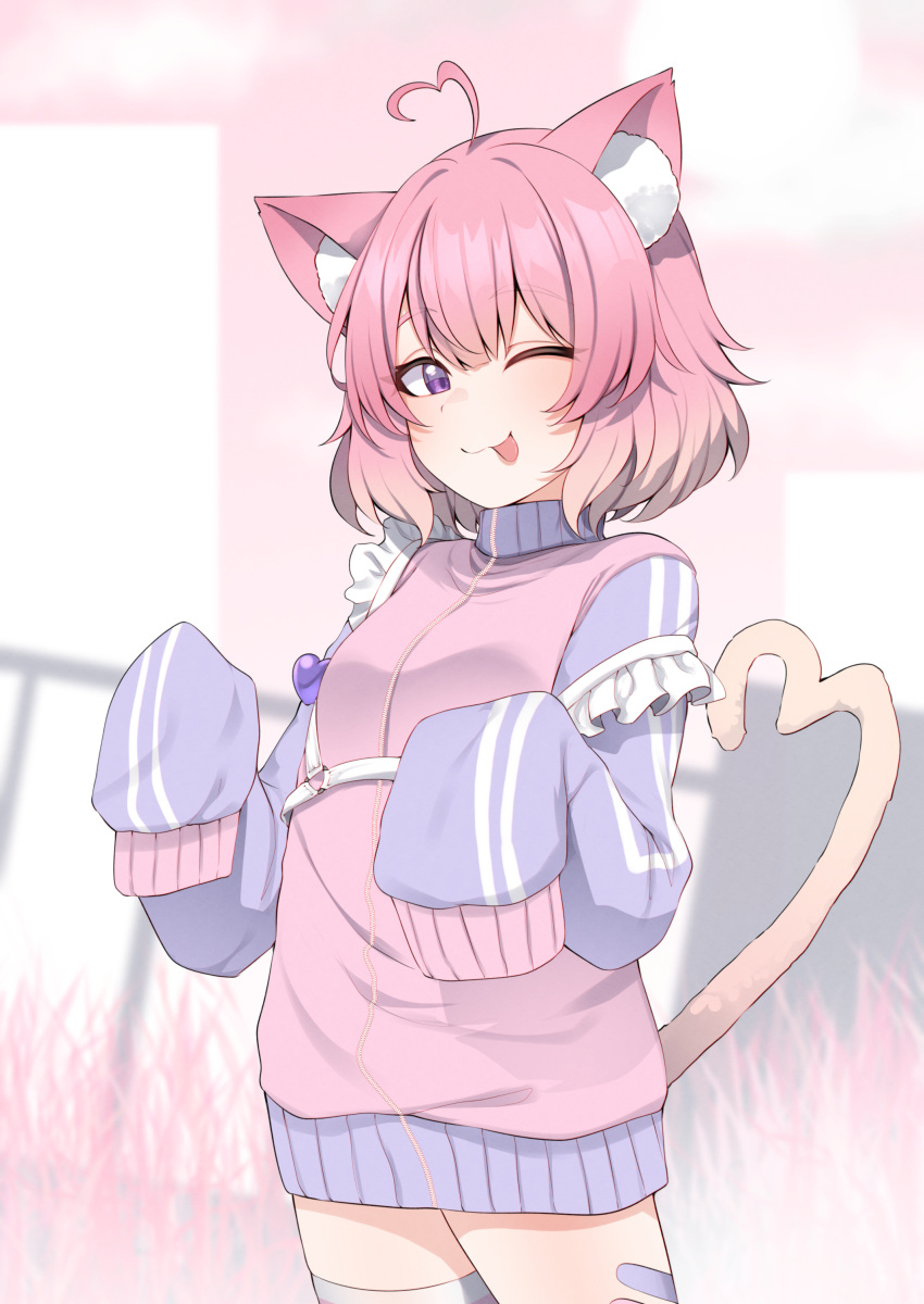 1girl ;p absurdres ahoge aisu_koffie animal_ear_fluff animal_ears bandaid bandaid_on_leg blurry blurry_background cat_ears cat_girl cat_tail commission frills gradient_hair heart heart_ahoge highres indie_virtual_youtuber multicolored_hair multicolored_sweater one_eye_closed pink_hair pink_sweater short_hair sleeves_past_fingers sleeves_past_wrists solo sweater tail tongue tongue_out valefal_coneri violet_eyes