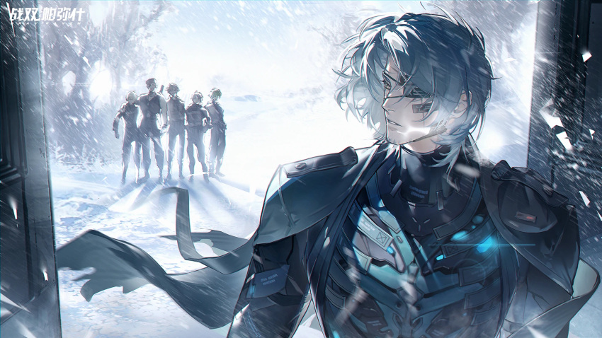 6+boys artist_request blizzard cape eyepatch facial_hair glowing_heart grey_hair highres looking_back mechanical_heart mechanical_parts military_uniform multiple_boys official_art one_eye_covered punishing:_gray_raven scar snow snowing stubble torn_cape torn_clothes uniform watanabe_(punishing:_gray_raven) waving wind yellow_eyes